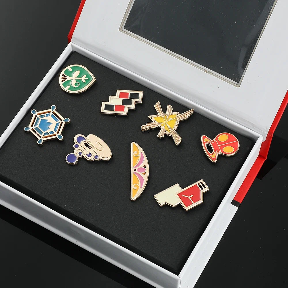 Pokemon Gym Badge Pin Set - Kanto to Kalos League Region Collectible Brooch Box