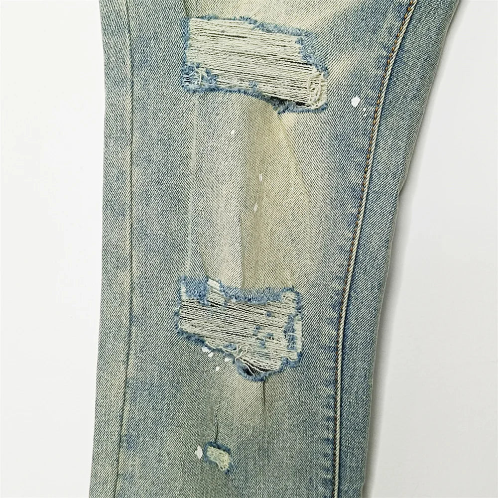 Men's Graffiti Washed Jeans - Retro Distressed Low Rise Skinny Denim Pants