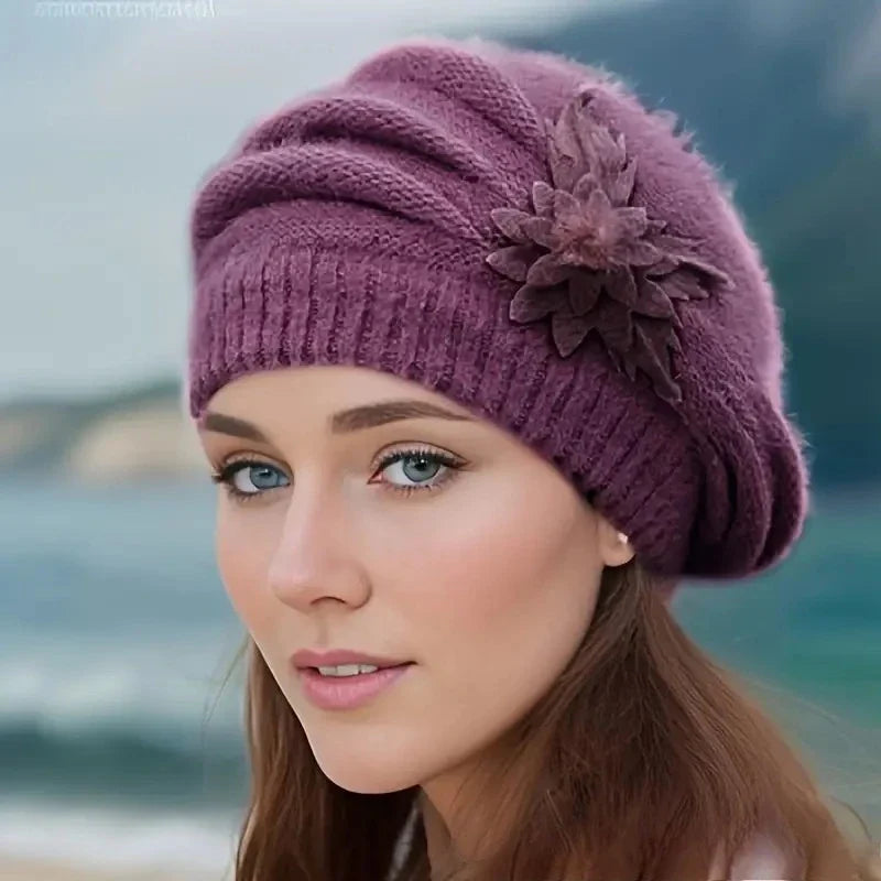 Women’s Winter Flower Beret – Thick Knitted Wool Hat, Warm Autumn & Winter Mom Hat
