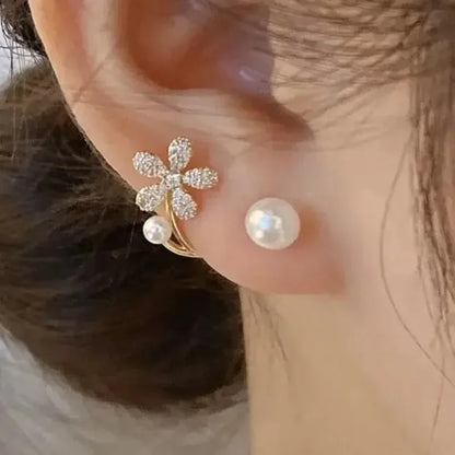 Korean Vintage Pearl & Crystal Earrings for Women — Luxury Zircon Flower, Butterfly & Leaf Stud Jewelry