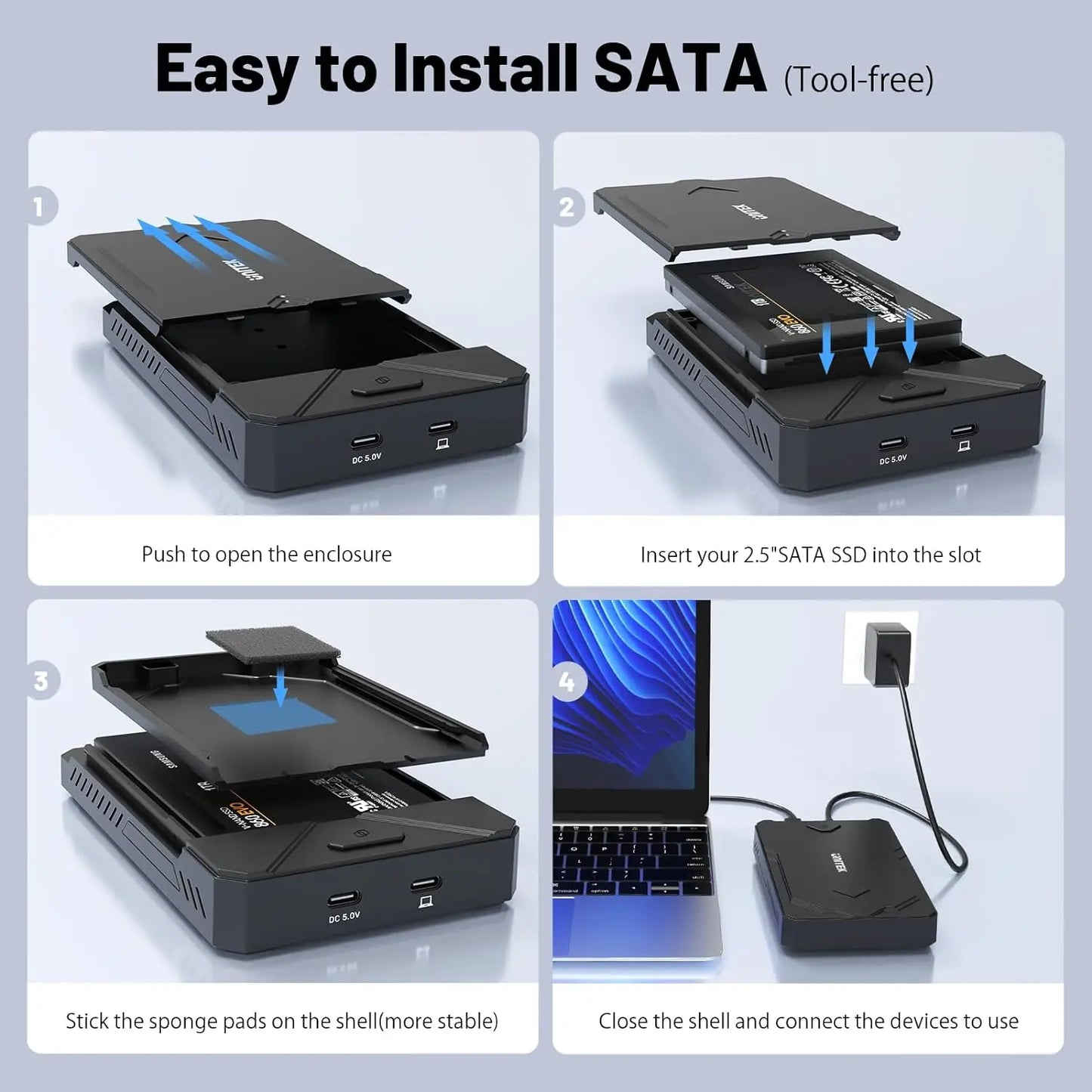 Unitek M2 NVMe SSD Enclosure SATA to USB-C 3.2 10Gbps UASP Adapter for 2.5" SSD – M.2 External Drive Case