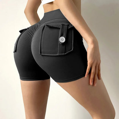 Women’s Peach Butt Fitness Shorts – High-Waisted Lift Yoga Capri Pants with Cargo Pockets, Quick-Dry Summer Workout Leggings