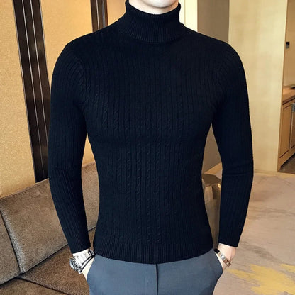 Men's Autumn Winter Turtleneck Pullover - Warm Solid Color Slim Fit Knitted Sweater and Bottoming Shirt