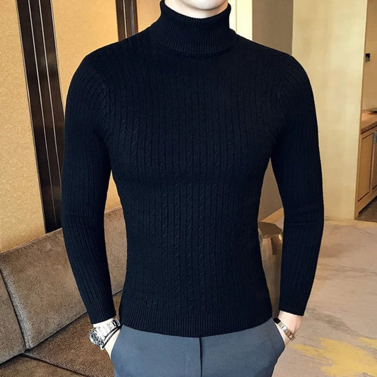 Men's Autumn Winter Turtleneck Pullover - Warm Solid Color Slim Fit Knitted Sweater and Bottoming Shirt