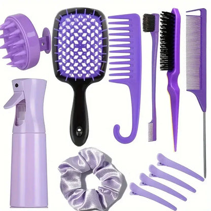 12PCS Hairstyling Comb Set – Tail Comb, Hair Spray Bottle, Loop Weaving Tool, Shampoo Brush & Salon Styling Tools