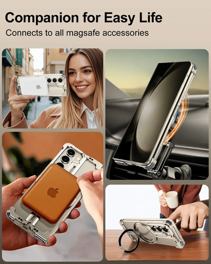 Eary Z Fold 6/5 Case with Magnetic Stand – MagSafe-Compatible Frameless Metal Bumper Cover for Samsung Galaxy with Wireless Charging Support