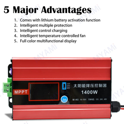 MYAMi 1400W Solar Charge Controller – Auto 12V/24V/48V 25A High Input Voltage Regulator for Off-Grid Solar Systems