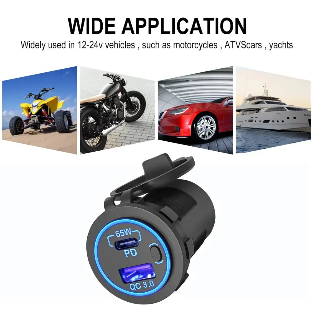83W 12V Car USB Outlet – Laptop Charger with 65W USB-C PD3.0 & 18W QC3.0, Waterproof Multi-Port Socket with Power Switch for RV & Car