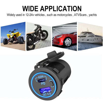 83W 12V Car USB Outlet – Laptop Charger with 65W USB-C PD3.0 & 18W QC3.0, Waterproof Multi-Port Socket with Power Switch for RV & Car