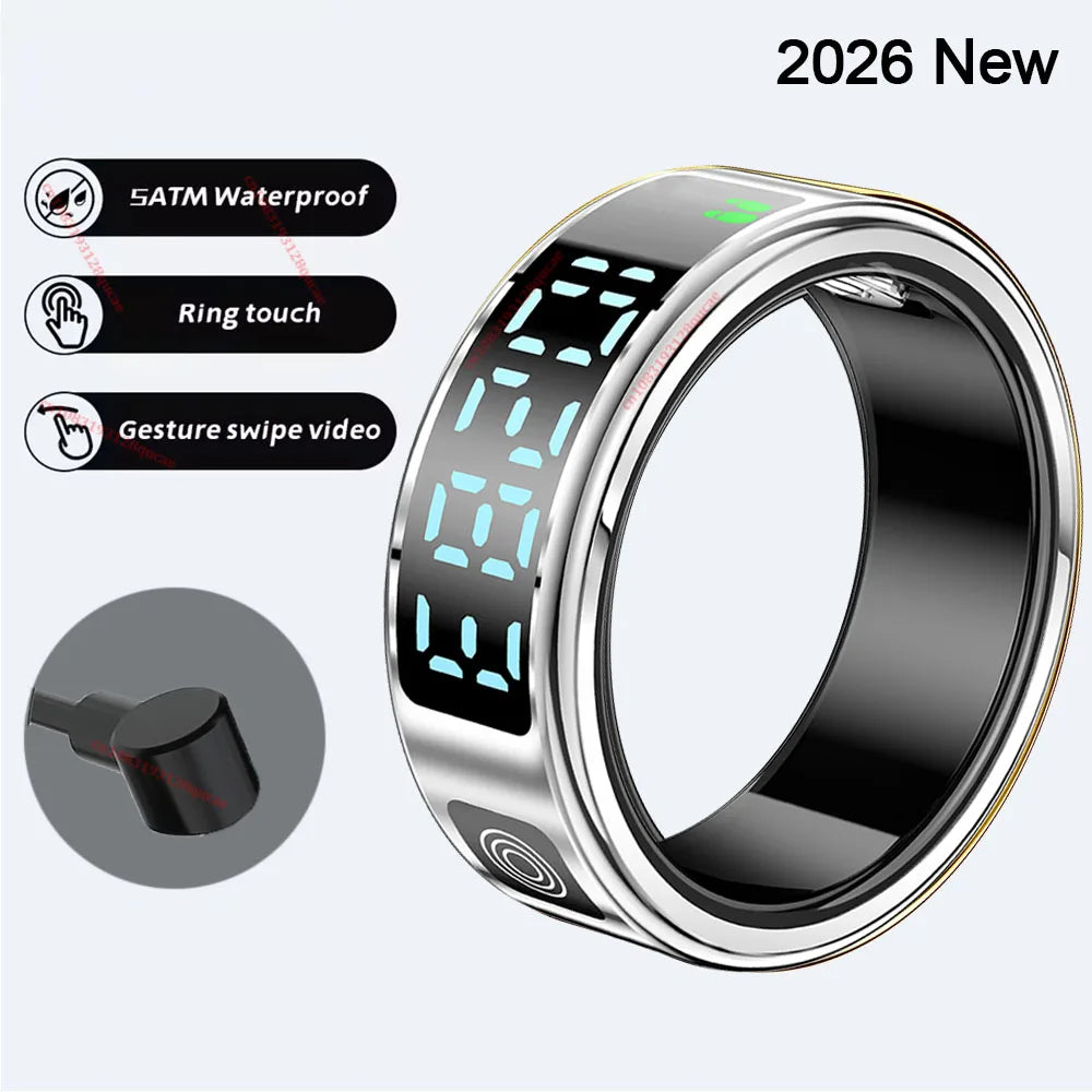 2026 R12 Smart Ring with Display Screen & Touch Control – Wireless Charging Health Tracker, 5ATM Waterproof Fitness Smart Ring for Men & Women