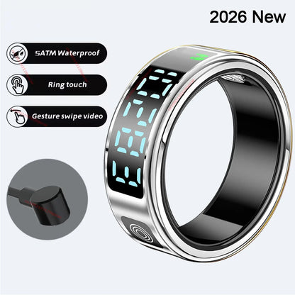2026 R12 Smart Ring with Display Screen & Touch Control – Wireless Charging Health Tracker, 5ATM Waterproof Fitness Smart Ring for Men & Women