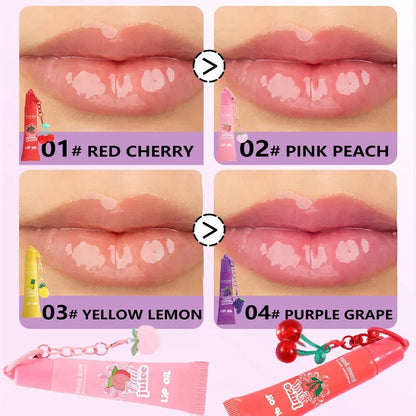 Women’s Fruit Flavor Lip Oil with Keychain – Moisturizing Nourishing Portable Lip Gloss Lip Glaze