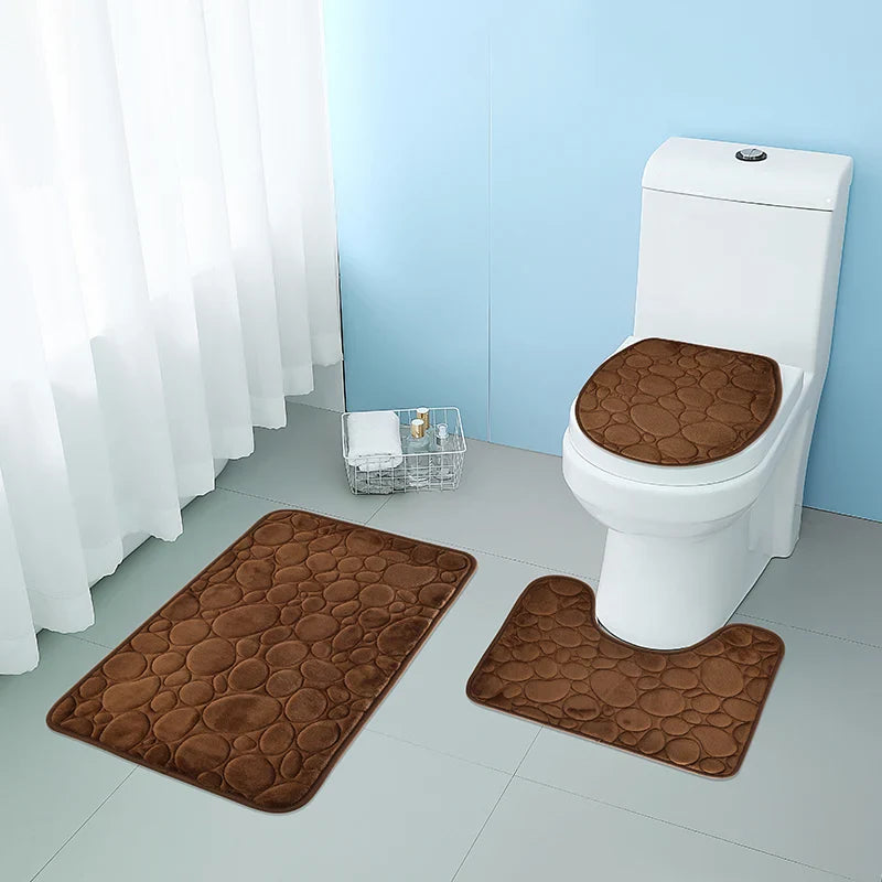Solid Color Simple Bathroom Mat Set - Water-Absorbing, Non-Slip Stone Pattern, Comfortable & Soft (3PC)