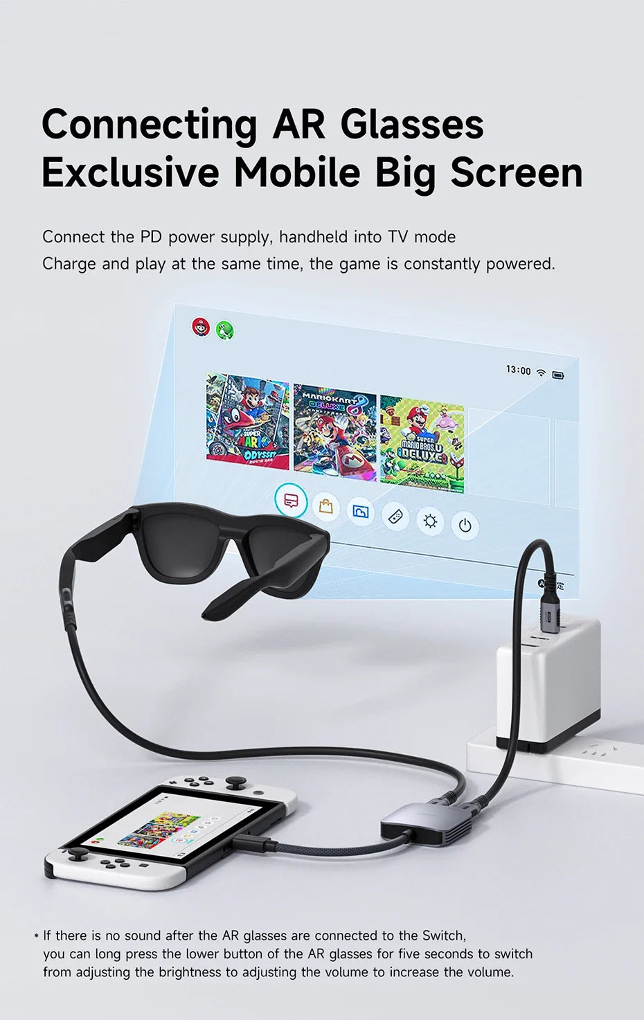 Hagibis AR Glasses Adapter USB-C Hub — Charging & Play Converter for Switch, Rokid, Xreal, RayNeo Air