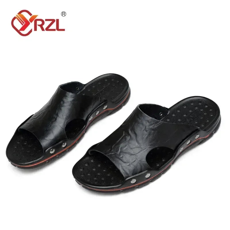 YRZL Men’s PU Leather Sandals – Classic Summer Slippers, Soft Black Lightweight EVA Slides, Big Sizes