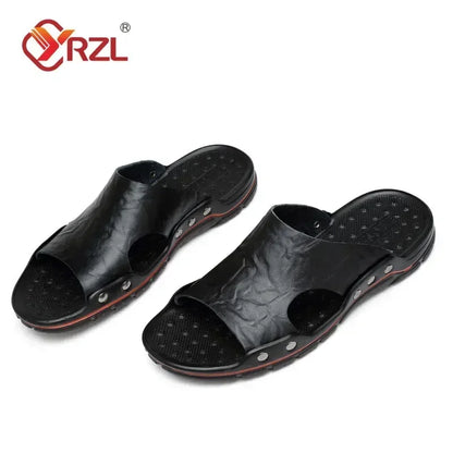 YRZL Men’s PU Leather Sandals – Classic Summer Slippers, Soft Black Lightweight EVA Slides, Big Sizes