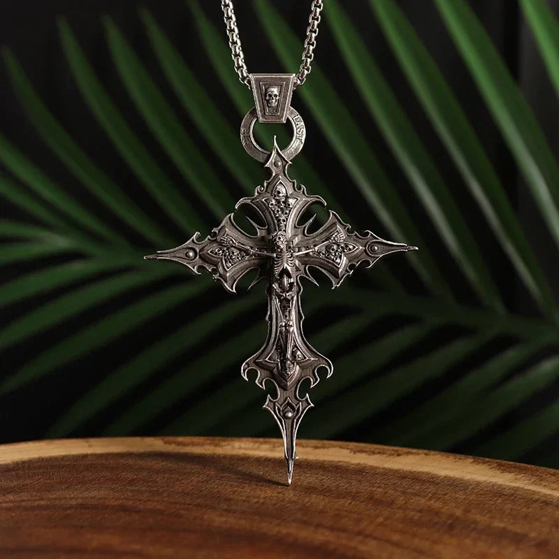 Gothic Skull Jesus Cross Necklace – Punk Catholic Amulet Jewelry for Men, Religious Pendant