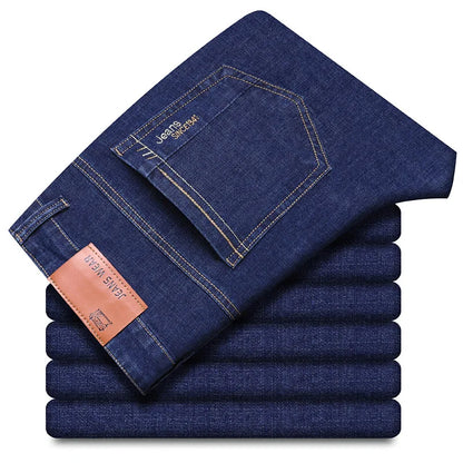 Men’s Casual Comfortable Jeans – Straight Loose Fit High Waist Elastic Trousers for All Seasons & Office Wear