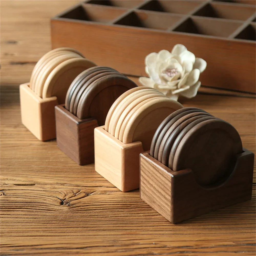 6PCS Walnut Wood Coasters Set — Round Insulated Japanese Beverage Placemats, Decorative Home Decor