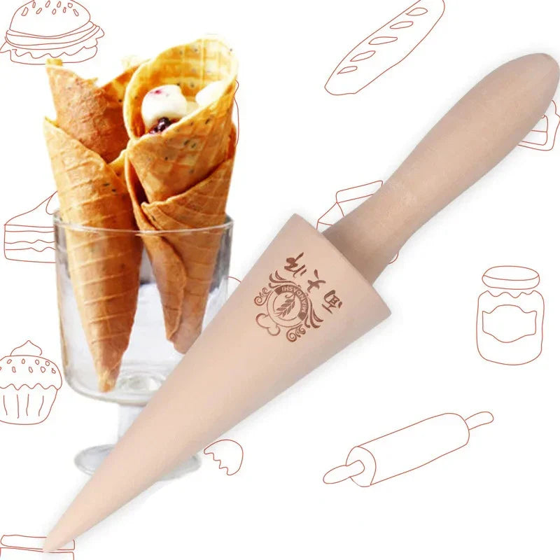 Wooden Egg Roll Ice Cream Cone Mold – Spiral Croissant & Cream Horn Pastry Roller for Omelet, Waffle & Baking Kitchen Tool