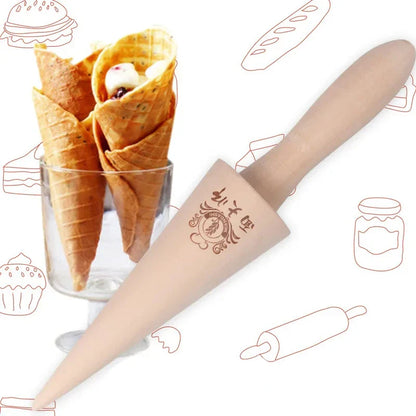 Wooden Egg Roll Ice Cream Cone Mold – Spiral Croissant & Cream Horn Pastry Roller for Omelet, Waffle & Baking Kitchen Tool