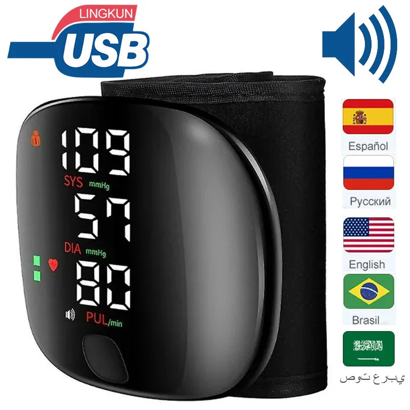 LED Rechargeable Wrist Blood Pressure Monitor – English, Russian, Portuguese, Spanish Voice Broadcast Tonometer