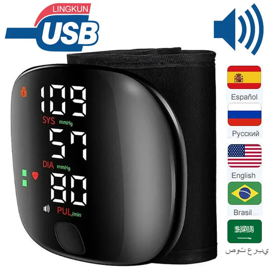 LED Rechargeable Wrist Blood Pressure Monitor – English, Russian, Portuguese, Spanish Voice Broadcast Tonometer