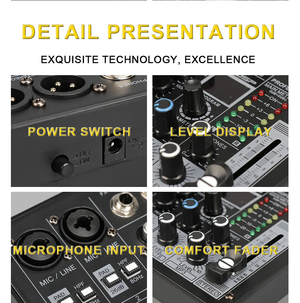 TKL 4-Channel DSP Audio Mixer with 48V Phantom Power, USB, Bluetooth DJ Console for Karaoke Studio Mixing