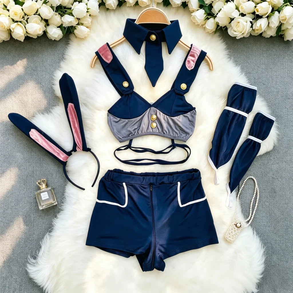 Women’s Ruffled Apron Costume Set - Rabbit-Inspired Maid Cosplay Outfit with Shorts & Headband