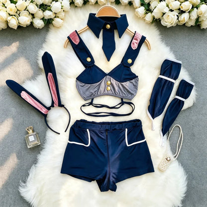 Women’s Ruffled Apron Costume Set - Rabbit-Inspired Maid Cosplay Outfit with Shorts & Headband