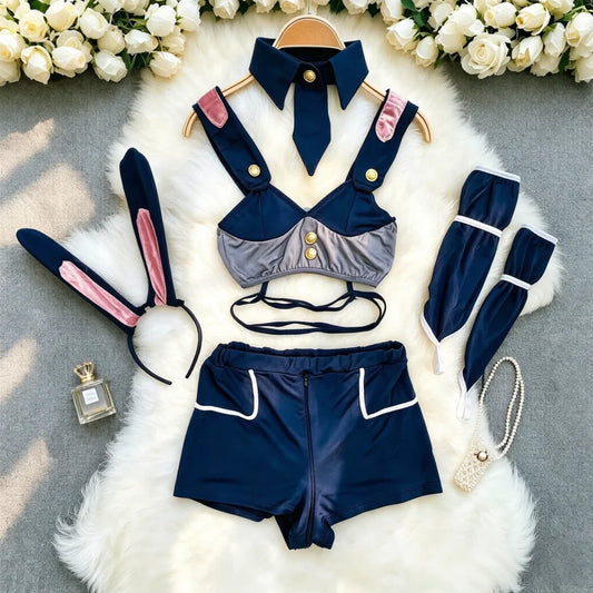 Women’s Ruffled Apron Costume Set - Rabbit-Inspired Maid Cosplay Outfit with Shorts & Headband