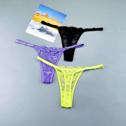 Women's Sexy Lace Thong Set - 3-Piece Sheer G-String Low Waist Plus Size Lingerie