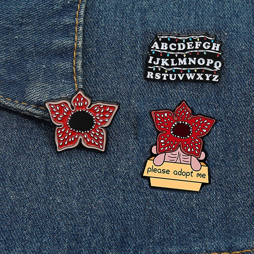 Fantasy Horror Movie Brooch Set - 3-Piece Enamel Pins with Piranha Plant & Letter Designs