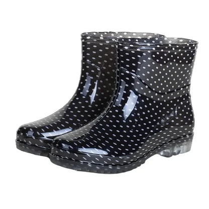 Women’s Black Polka Dot Rain Shoes – Waterproof, Non-Slip PVC Kitchen & Work Short Tube Boots for Summer
