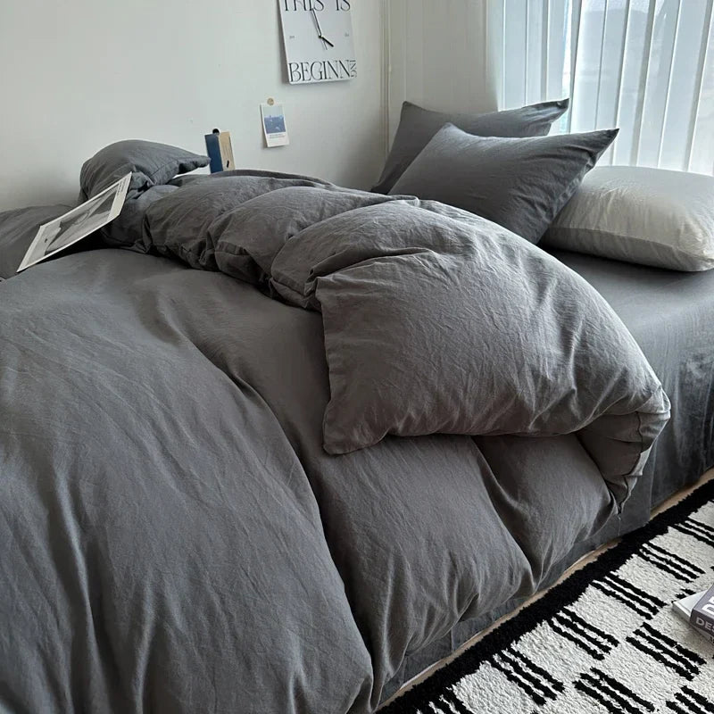 Solid Cotton Bed Linen Set – Bedding with Sheet, Duvet Cover & Pillowcases, Single to King/Queen/Twin Size