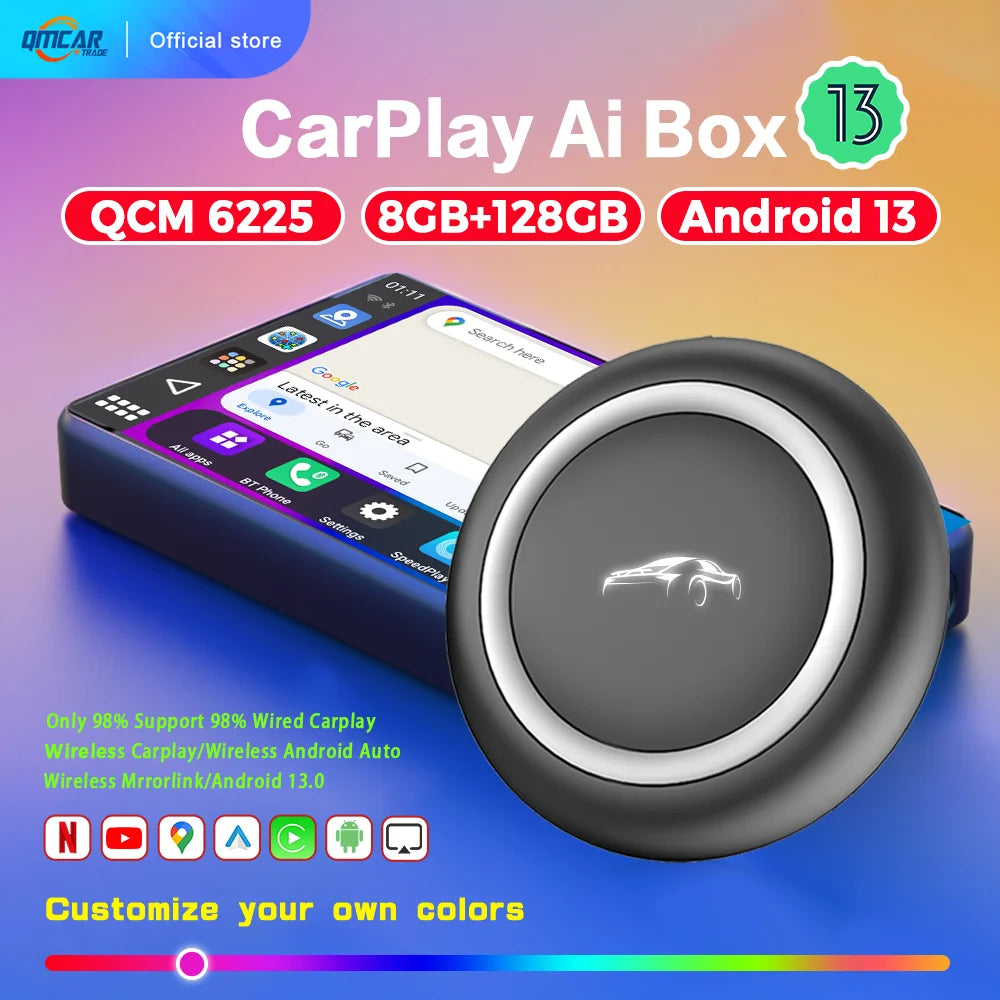 CarPlay TV Box Android 13 – Wireless Android Auto CarPlay Adapter Qualcomm 6225 8GB+128GB for Volvo, Benz, Audi, Kia, Hyundai, Mazda, VW