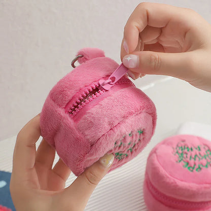 Pink Mini Coin Purse - Kawaii Plush Storage Bag for Earphones, Coins & Cords, Cute Portable Cake Pouch