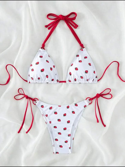 Women’s Strawberry Print Halter Bikini Set – Cute Two-Piece Swimwear, Beach Bathing Suit Summer Beachwear Outfit
