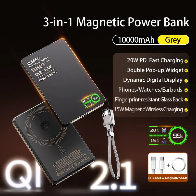 Qi 2.1 Magnetic Wireless Power Bank – 5000/10000mAh Fast Charging Portable External Battery for iPhone 12–17 Pro, Apple Watch & AirPods