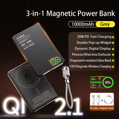 Qi 2.1 Magnetic Wireless Power Bank – 5000/10000mAh Fast Charging Portable External Battery for iPhone 12–17 Pro, Apple Watch & AirPods