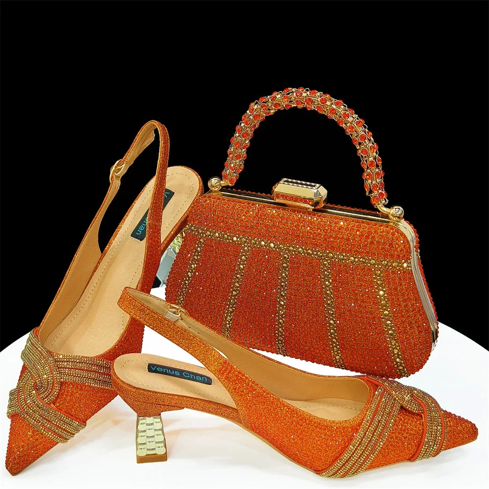 Venus Chan Women’s Champagne Shoe & Bag Set - Rhinestone Heels and Handbag for Nigerian Parties & Weddings