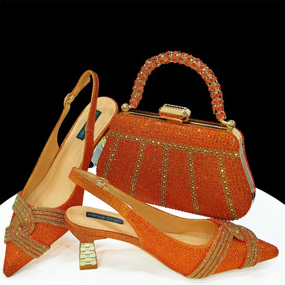 Venus Chan Women’s Champagne Shoe & Bag Set - Rhinestone Heels and Handbag for Nigerian Parties & Weddings