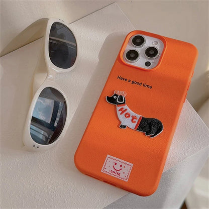 Cute Cartoon Dachshund iPhone Case – Litchi Texture Cover for iPhone 11–17 Pro/Pro Max/Plus/XS Max/XR