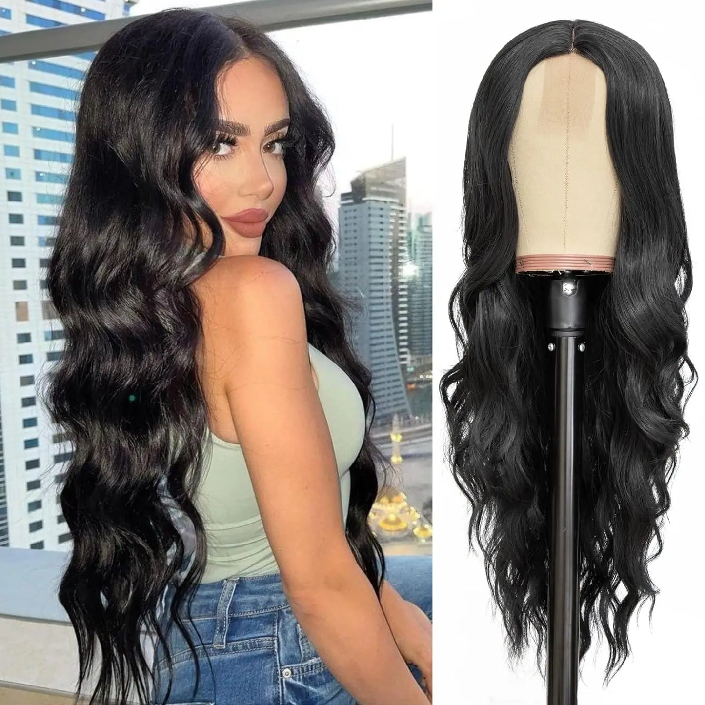 26-Inch Synthetic Ombre Blonde Wavy Wig for Women — Long Middle Part Curly Heat-Resistant Hair Fiber