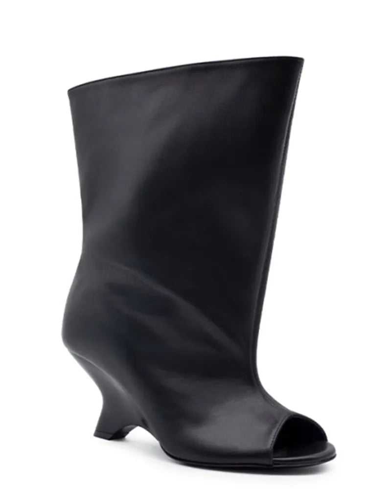 2025 Women’s Fish Mouth Knee-High Boots – Thick Slant Heel Fashion High Heels Spring Summer Large Size