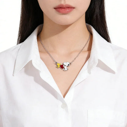 Snoopy Woodstock Friendship Necklace - Silver-Tone Moon & Heart Pendant with Cute Enamel & Rhinestone Details