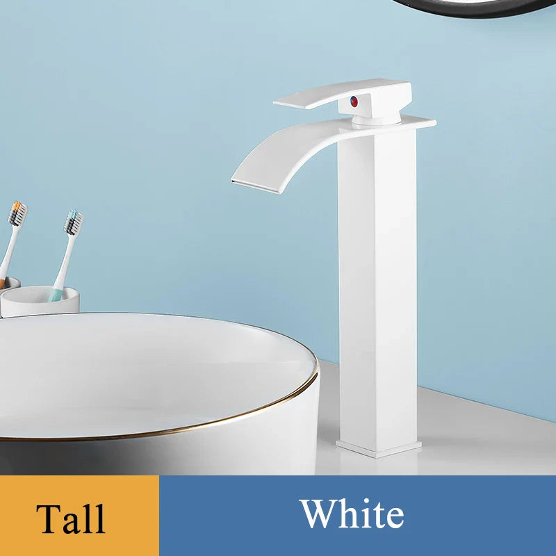 Bathroom Basin Sink Faucet - Deck Mount Waterfall Spout Tap with Single Handle, Hot & Cold Water Mixer for Vanity Washbasin