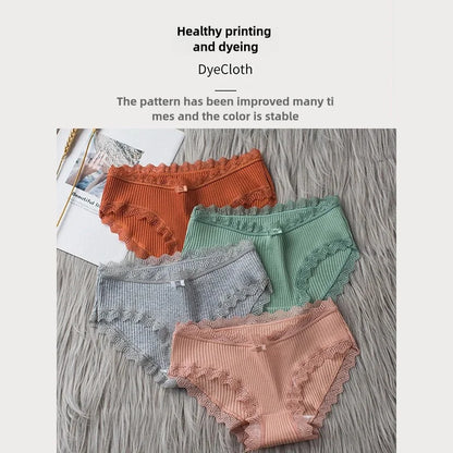 4 Pcs Lace Wavy Trim Bikini Panties - Comfy & Breathable Elastic Women’s Lingerie & Underwear