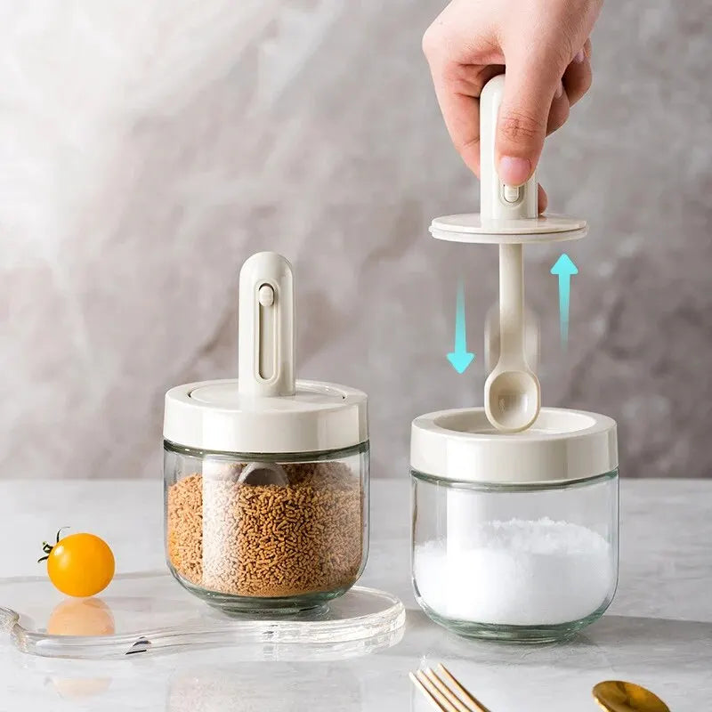 Glass Seasoning Bottle with Telescopic Spoon - Household Kitchen Salt Storage Box, Leak-proof and Moisture-proof