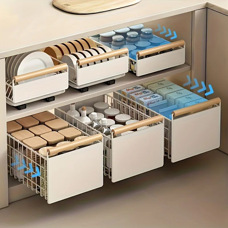 Space-Saving Kitchen Drawer Organizer - Pull-Out Rack for Plates, Bowls & Spices